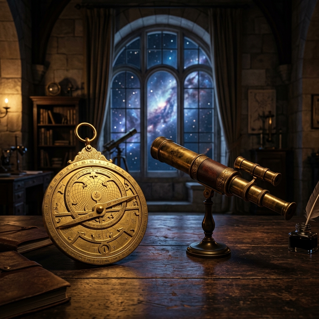 Vintage Astrolabe and Telescope